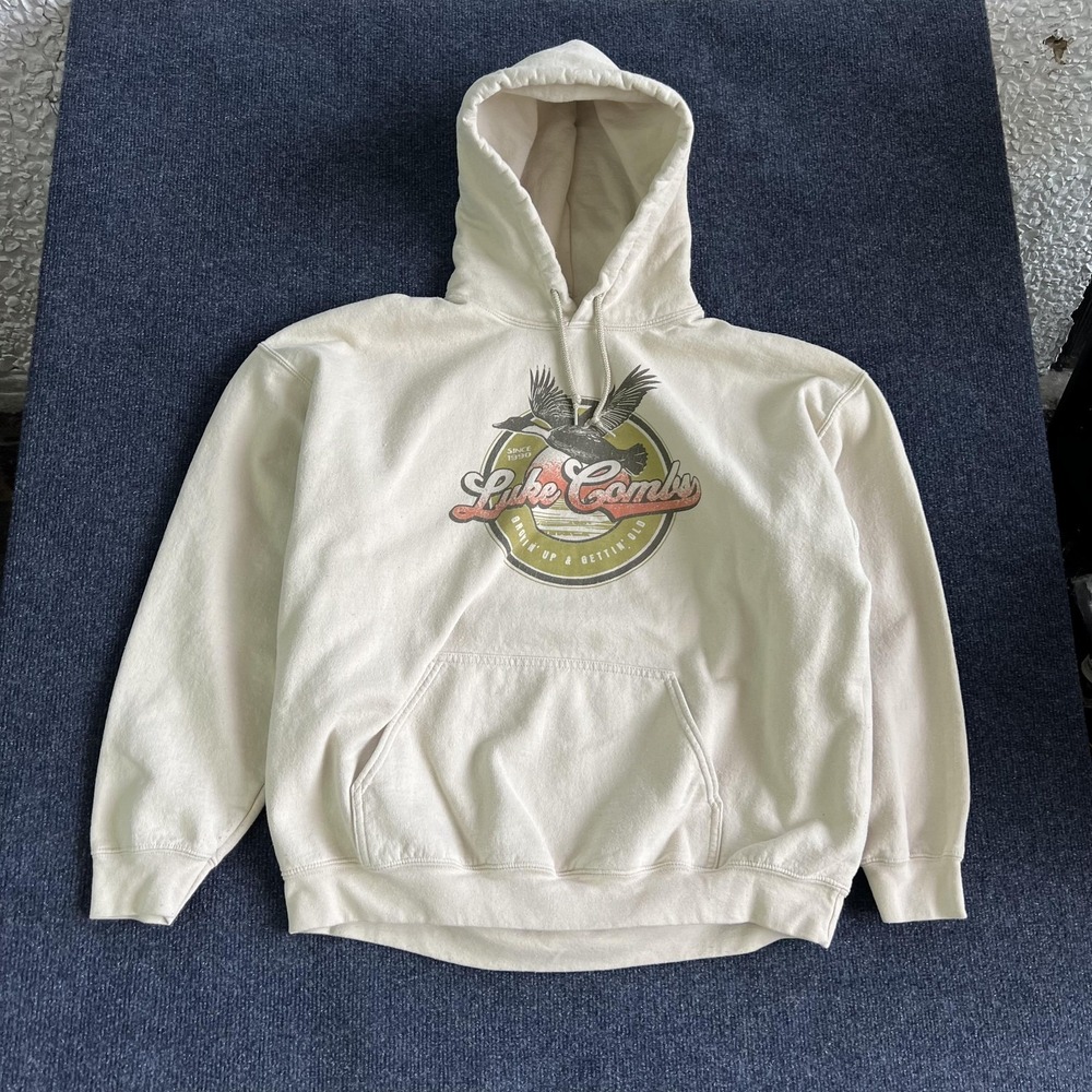 Luke Combs Hoodie Mens XL White Fleece Pullover Growin Up Gettin Old Sweatshirt